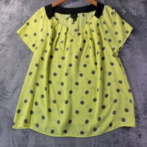 Worthington Petite PL Blouse Yellow Black Polka Dot Short Sleeve‎ Work Top Vibe